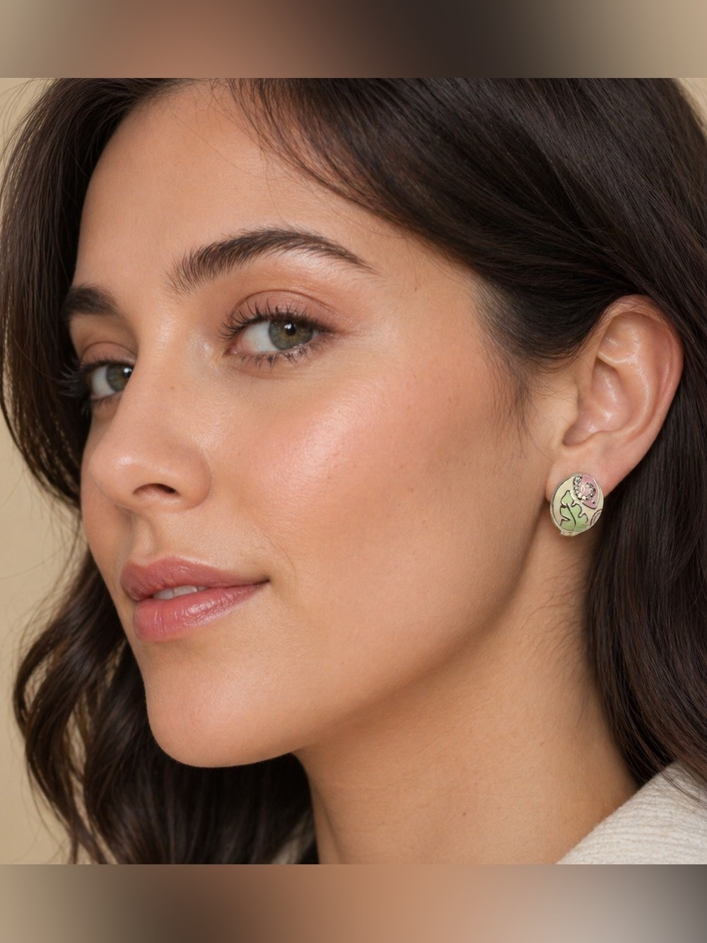 925 Crystals Silver-Tone Green Pink Enamel Floral Earrings - Mother’s Day Gift